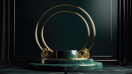 Opulent green podium with gold frames and circular shape for luxury products.. Generative AI.	
