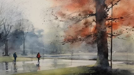 Fotobehang Beautiful watercolors of London city parks with trees. © Ramon Grosso
