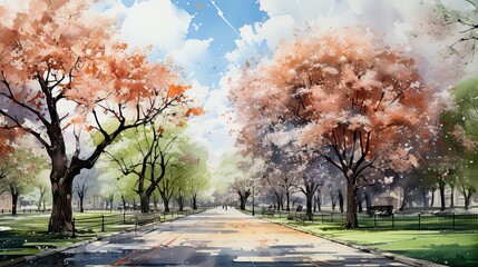 Beautiful watercolors of London city parks with trees. - obrazy, fototapety, plakaty