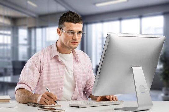 Smiling business man analyst work at computer in office, AI generated image