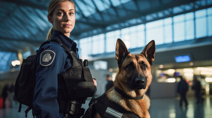 female security officer with police dog at airport - airport security concept - obrazy, fototapety, plakaty