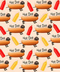 Hot dog pattern dachshund. Fun cartoon colorful design. Trendy pattern or background for children. Dog lovers poster or fabric.