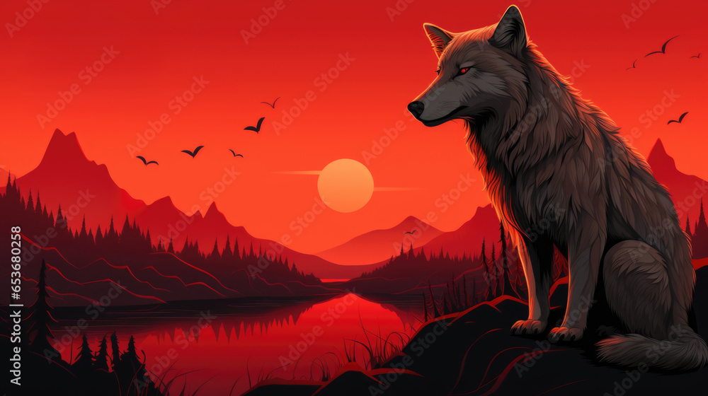 Wall mural a wolf is standing on a hill with a sunset in the background, ai