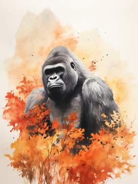 A Minimal Watercolor of a Gorilla in an Autumn Setting