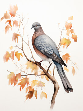 A Minimal Watercolor of a Pigeon in an Autumn Setting