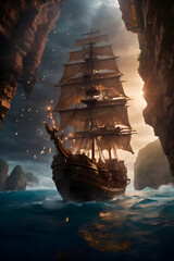 A magnificent pirate ship emerges from the depths of Buddha, and the ship sails in the belly of...