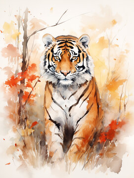 A Minimal Watercolor of a Tiger in an Autumn Setting