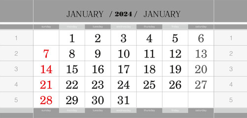 January 2024 quarterly calendar block. Wall calendar in English, week starts from Sunday.