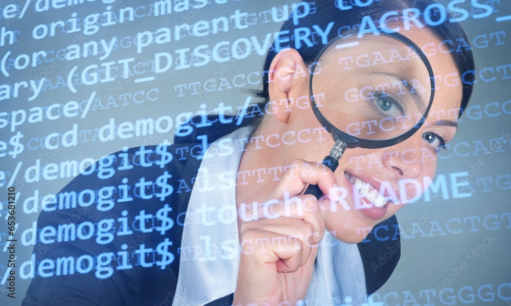 Poster software and data concept, woman with digital code analytics
