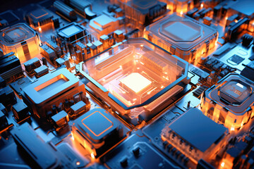 A powerful computer processor or chip on a motherboard. Modern technologies. Blue background.