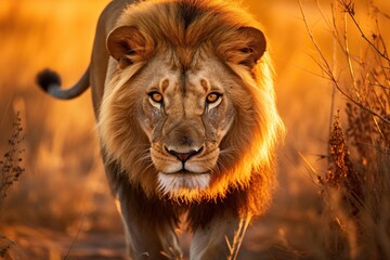 A beautiful lion close-up against the sunset. The concept of the animal world and wildlife.