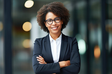 Portrait of a businesswoman wearing a suit standing in a modern office smiling with crossed arms looking at the camera. Positive and confident person. Successful business woman concept.