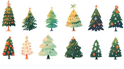 Collection of Christmas trees Colorful vector illustration in flat cartoon style