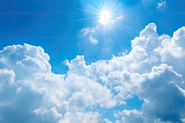 Clouds on a clear blue sky with sun. Generative AI.