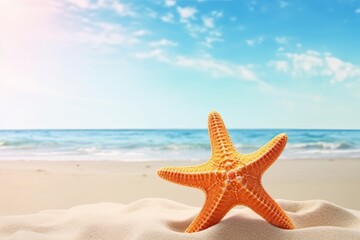 Starfish on sand looking out to the beach. Generative AI.