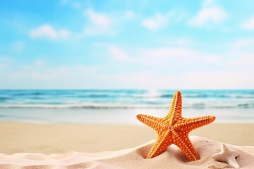 Starfish against the backdrop of a summer beach. Generative AI.