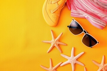 Top view of sunglasses, with a starfish and sunny yellow background. Generative AI.