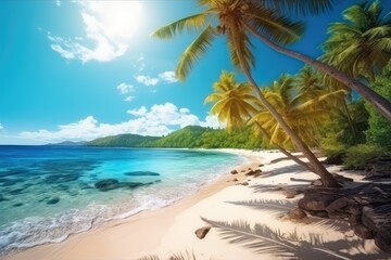Tropical beach framed by lush palm trees. Generative AI.