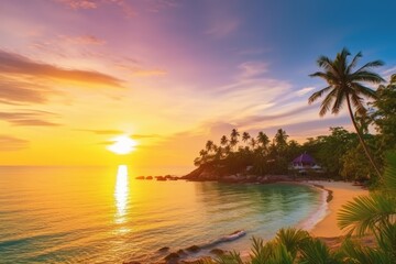 Tropical beach Island with the sunset. Generative AI.