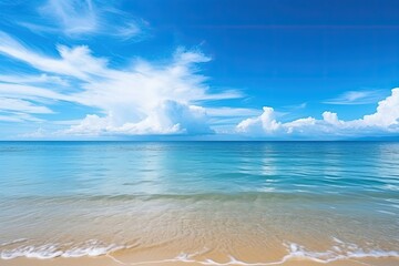 Tropical beach with clear blue sea, white clouds, and open space. Generative AI.