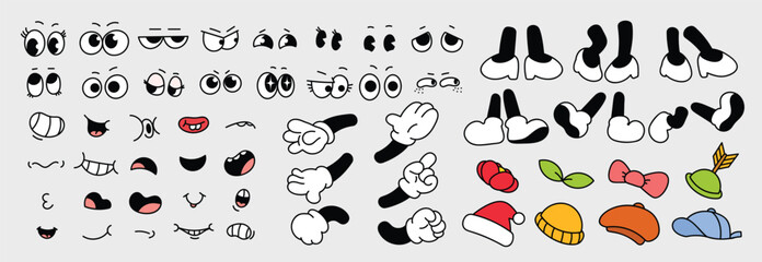 Set of 70s groovy comic vector. Collection of cartoon character faces in different emotions, hand, glove, ribbon, hat, shoes. Cute retro groovy hippie illustration for decorative, sticker.