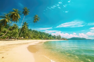 Tropical beach with palms and blue sky. Generative AI.