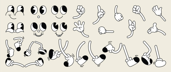 Set of 70s groovy comic faces vector. Collection of cartoon character faces, leg, hand in different emotions happy, angry, sad, cheerful. Cute retro groovy hippie illustration for decorative, sticker.