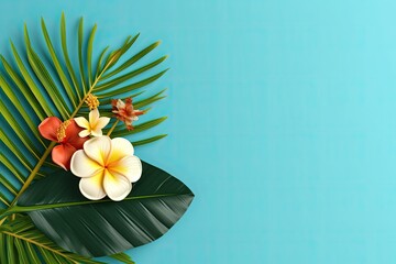 Tropical palm leaf and flower on a blue background. Generative AI.