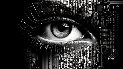 Isolated digital female eye in black-and-white, surreal, mosaic-inspired realism with circuitry elements. - obrazy, fototapety, plakaty