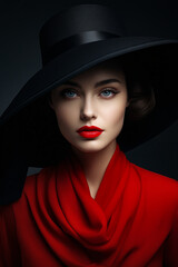 Woman with red dress and black hat on.