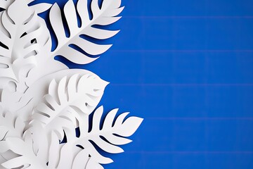 White exotic paper leaves on blue background. Generative AI.