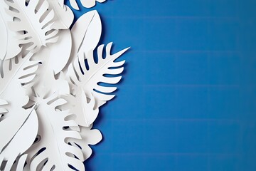 White paper leafs on blue background. Generative AI.