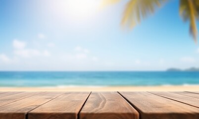 Wooden table with the backdrop of a blurred summer beach. Generative AI.