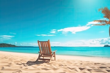 Wooden chair on the beach with sea and blue sky. Generative AI.