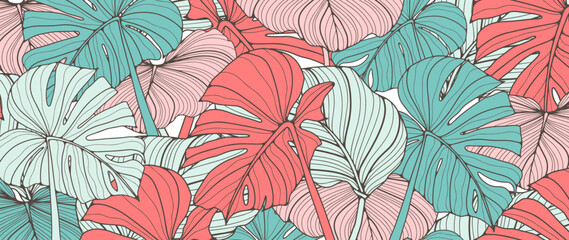 Fototapeta na wymiar Tropical background with monstera branches in soft turquoise and pink tones. Botanical background with palm branches for creating various designs, decor, covers, cards and presentations.