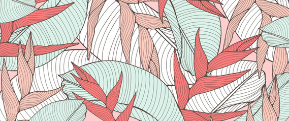Tropical background with plants and leaves in soft turquoise and pink tones. Botanical background with palm branches for creating various designs, decor, covers, cards and presentations.