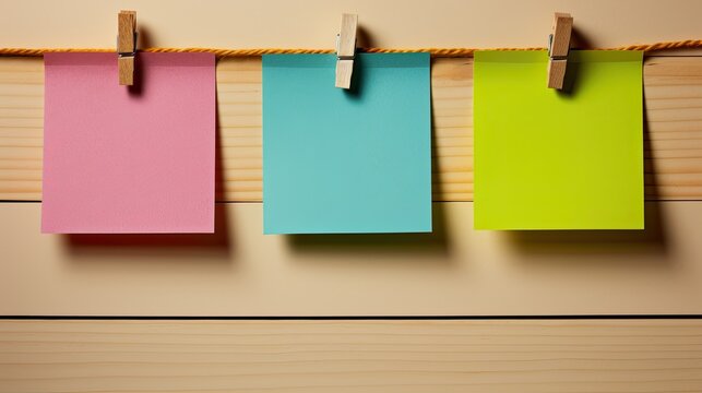 Image of colorful sticky notes hangs on a rope with clothespin on cork board background.
