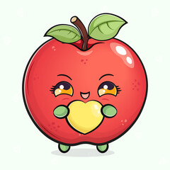 Cute funny Red apple with heart in hand. Vector hand drawn cartoon kawaii character illustration icon. Isolated on light green background. Red apple character concept