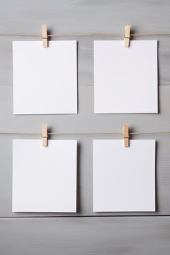Image of white blank paper stickers with clothespin isolated over grey background.
