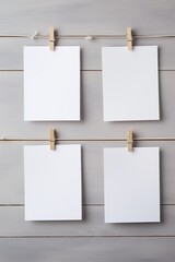 Image of white blank paper stickers with clothespin isolated over grey background.