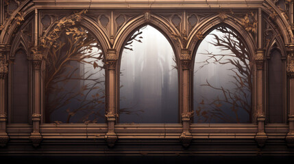 gold arches of a castle or cathedral framed with branches