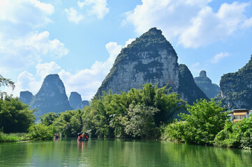 View of River and Karst Landscape of Mingshi Pastoral in Daxin County, China