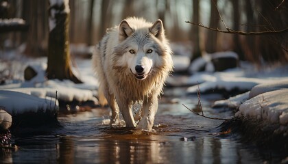wolf walking through a river.. Wolf in a snowy forest during winter time. Wolf winter landscape. Snowy forest. Snow in the woods. Wildlife in forest