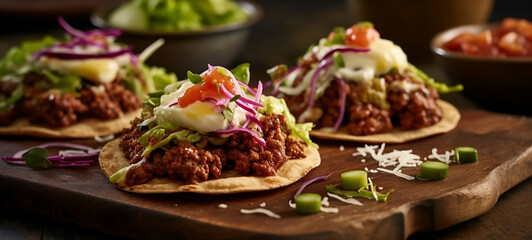 Tostadas with ground beef, guacamole and lettuce. Generative AI.