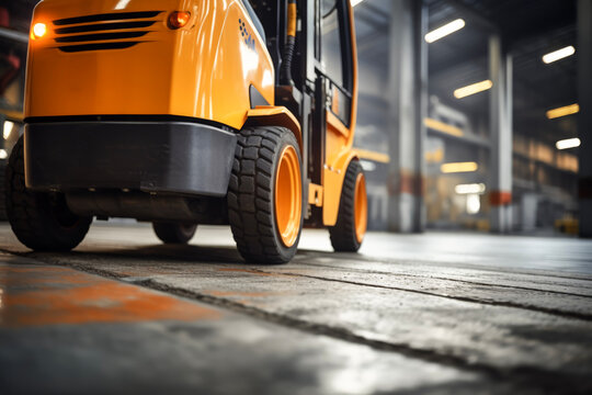 Forklift truck with cardboard boxes on concrete floor inside distribution warehouse in background of factory. Delivery and distribution business concept.