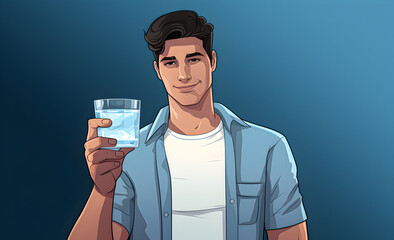 Illustration, Man holding a glass of water on a blue background