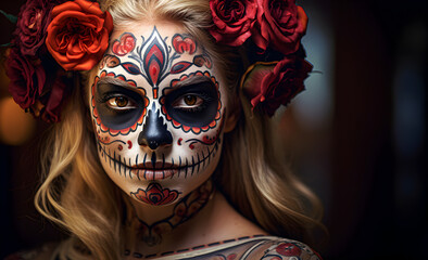 A girl with skull makeup on her face, Mexican holiday Dia de los Muertos, or Day of the Dead