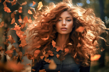 Frau mit Herbstlaub in den Haaren