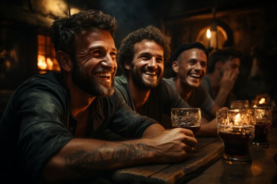 Group of friends toasting with pints of Guinness at an Irish pub, Generative AI