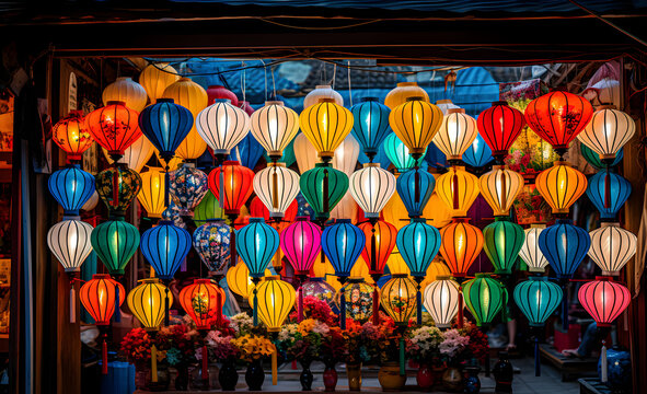 Multicolored Chinese lanterns on the market street.